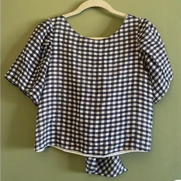 CLUB MONACO XS 100% SILK Gingham Open Tie-Back crop blouse - Picture 2 of 6
